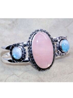 Rose Quartz, Rainbow Moonstone 925 Sterling Silver Adjustable Cuff Bracelet